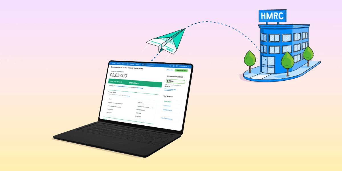An illustration of a paper plane flying to the HMRC offices from a laptop's SL Dashboard Self Assessment page